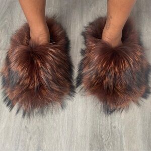 Chocolate Brown Real Fur Slides with the fur inside shoe bed & out